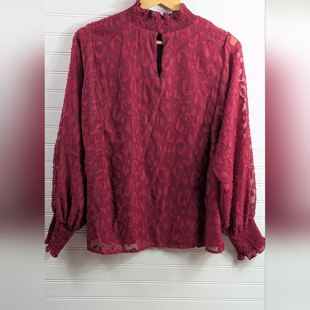 Vince Camuto NWT Deep Red Lace Burnout Smocked High neck Blouse Top Large - Picture 3 of 10